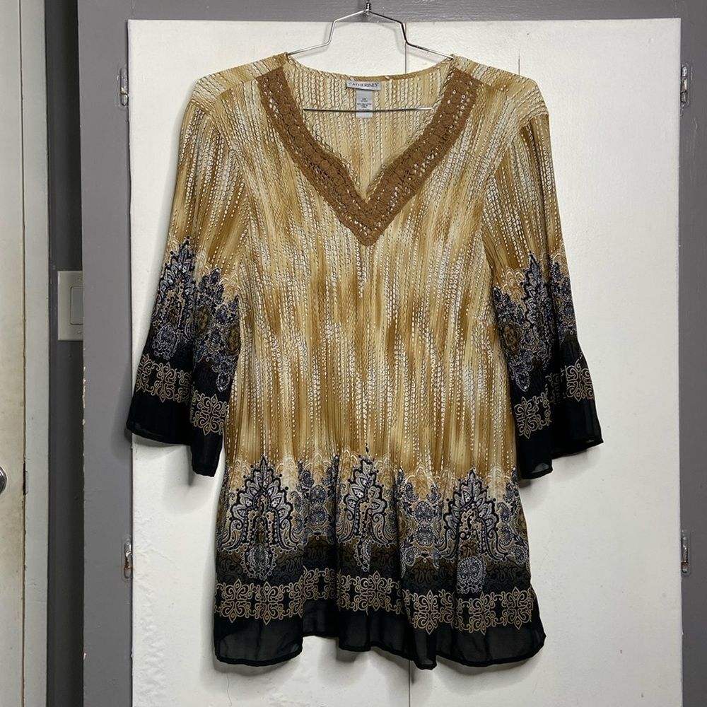 Catherines Crinkle 3/4 Sleeve Tunic Top Size 2X Brown Tan Black lace Boho